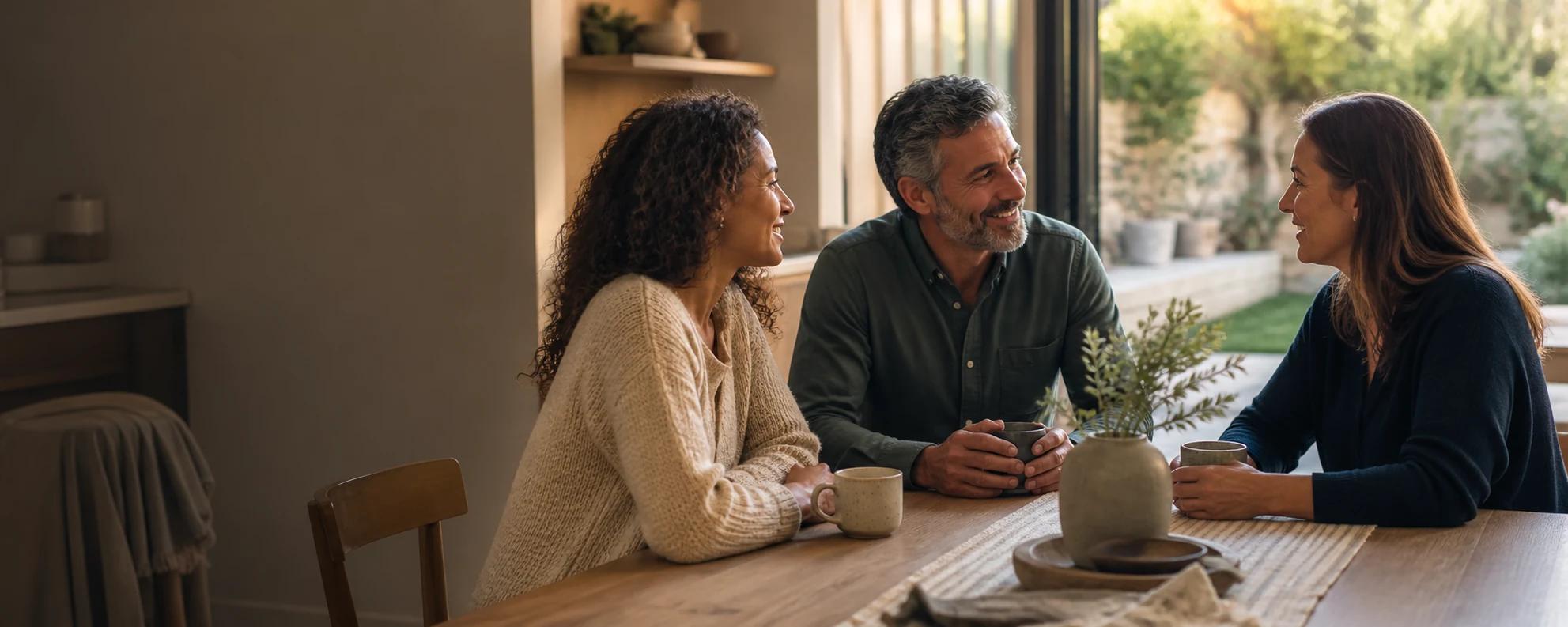 Three people sharing a relaxed conversation around a kitchen table